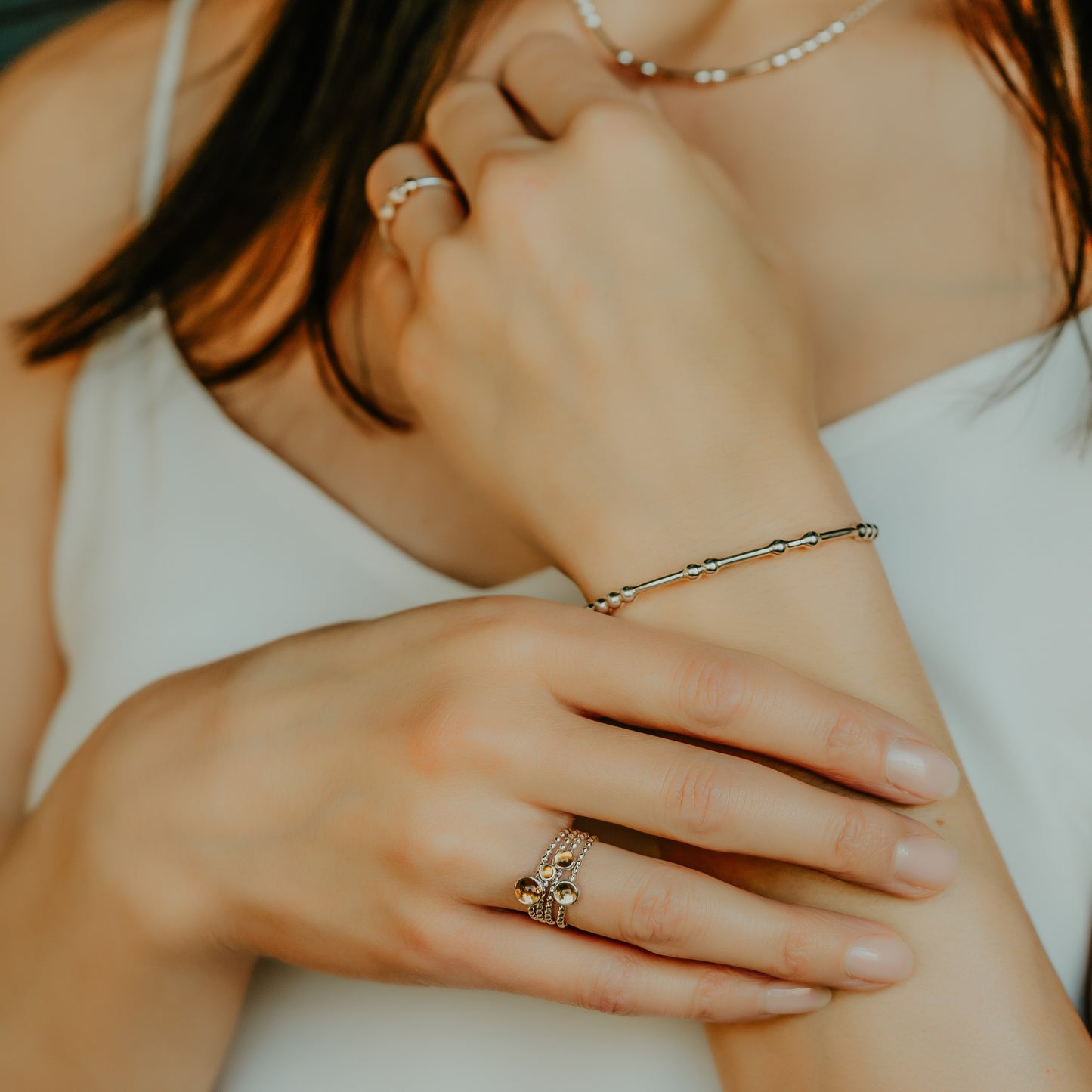 Woman wearing Morse code Bracelet