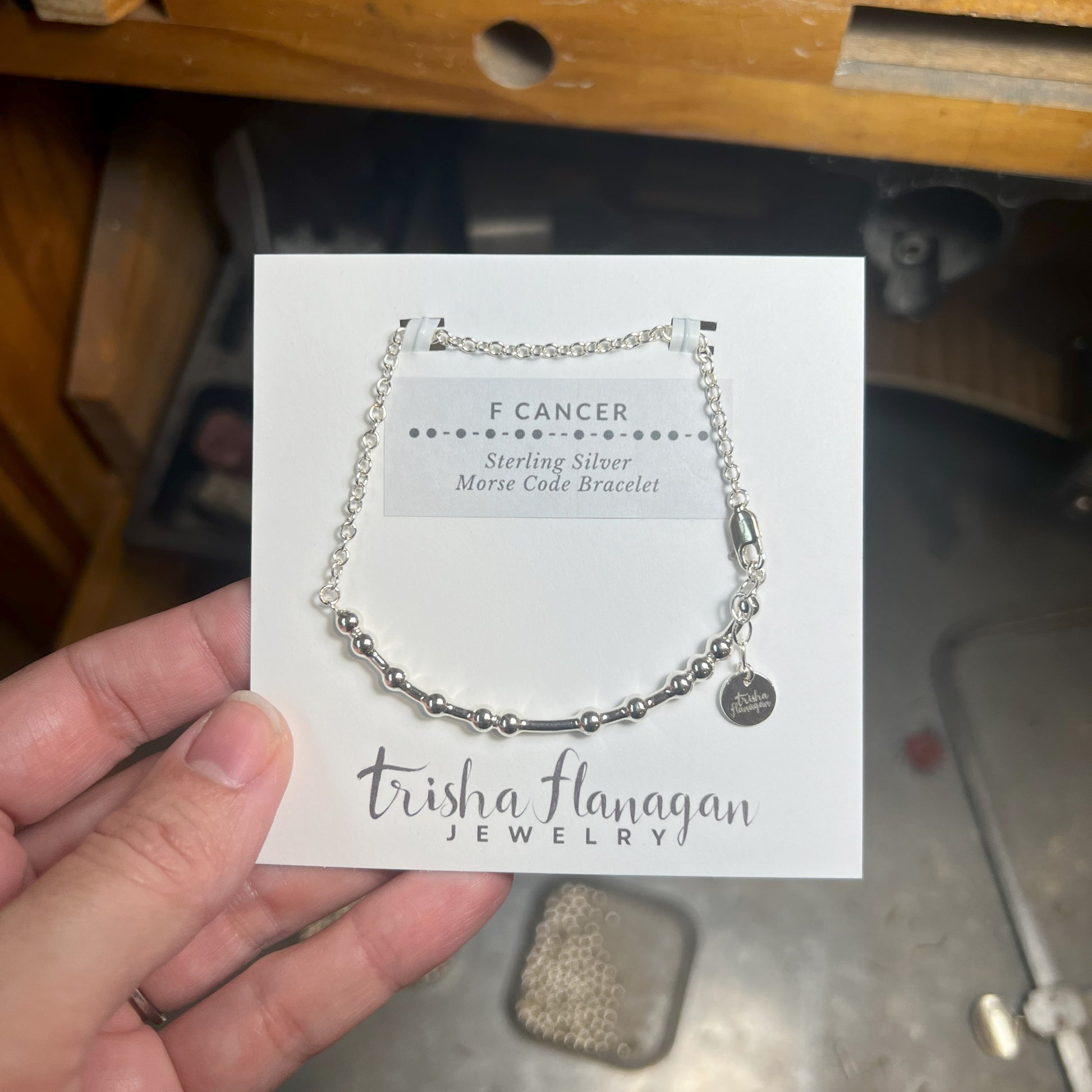 F-CANCER Morse Code Chain Bracelet on a Display Card