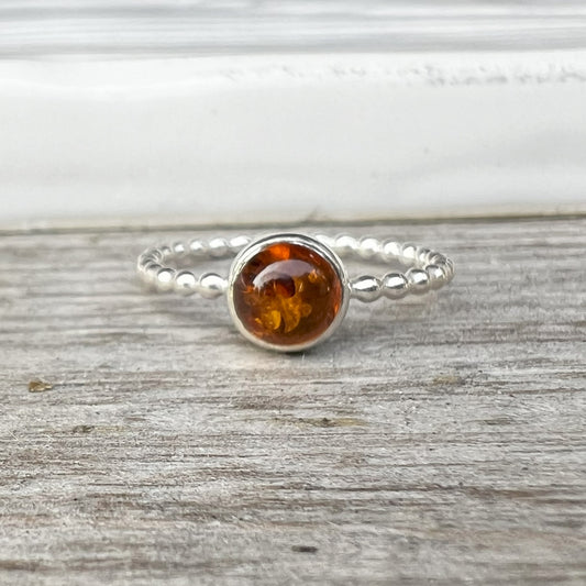 Large Natural Baltic Amber Ring in Sterling Silver front view